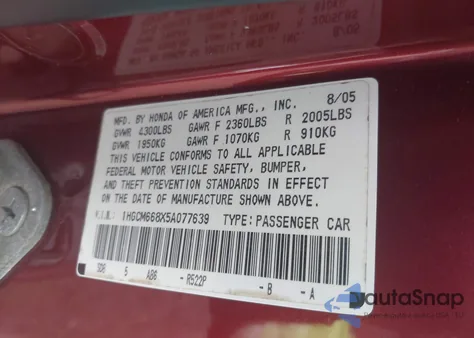 2005 Honda Accord 3.0 Ex z USA, uszkodzony, nr VIN 1HGCM668X5A077639